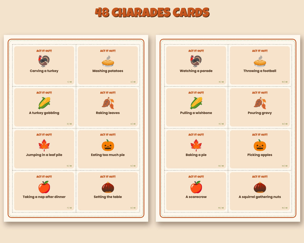 Thanksgiving charades printable – 48 act-it-out cards for kids, families and parties – preview 3