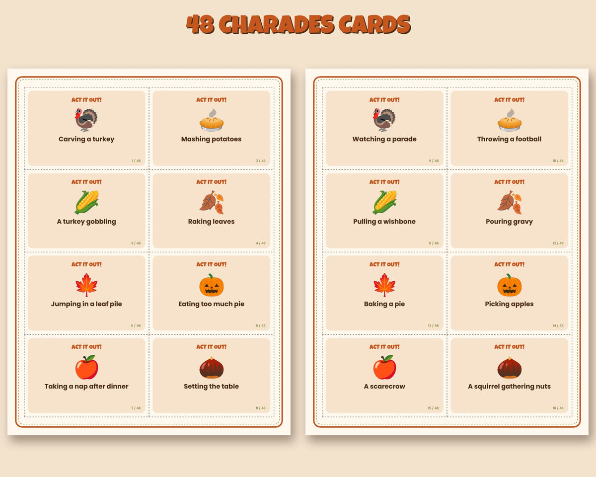 Thanksgiving charades printable – 48 act-it-out cards for kids, families and parties – preview 3