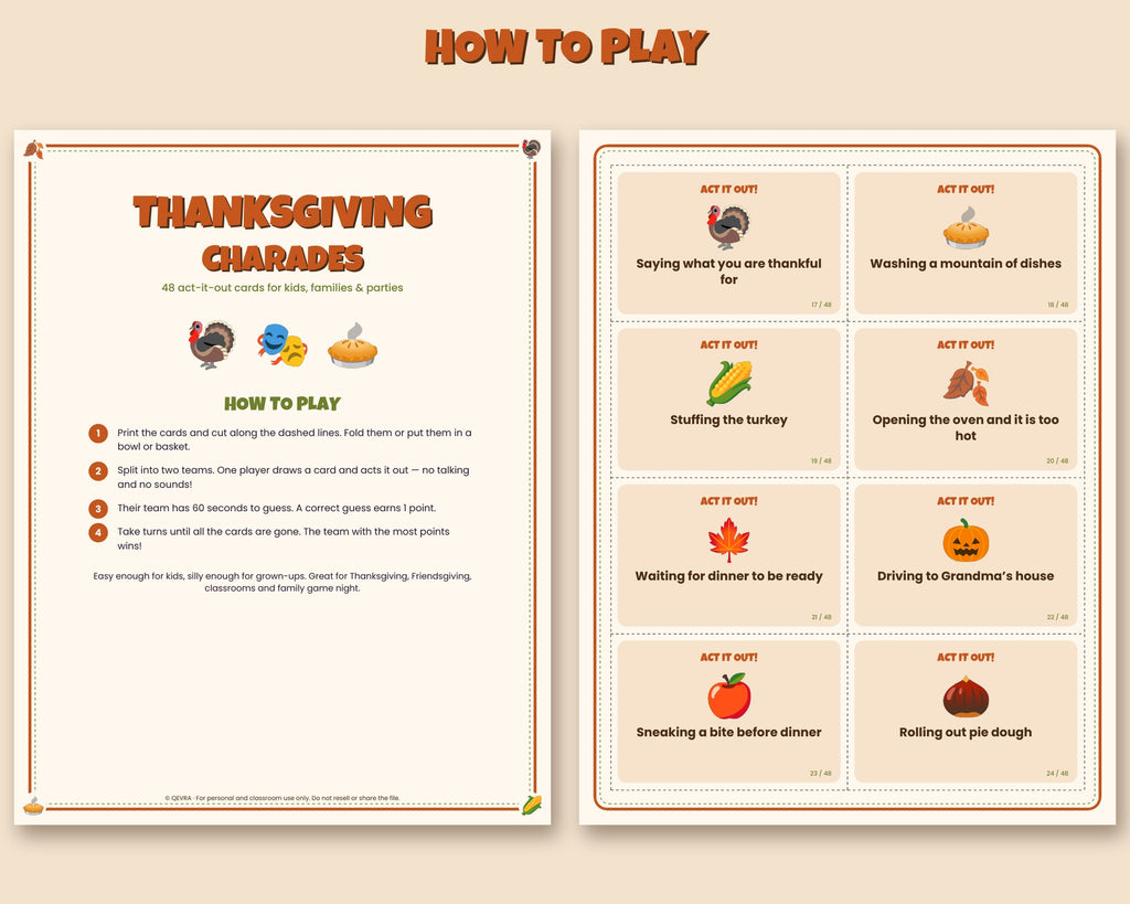 Thanksgiving charades printable – 48 act-it-out cards for kids, families and parties – preview 2
