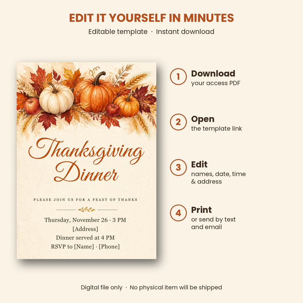 Thanksgiving dinner invitation – editable Canva template with watercolor pumpkins, apples and autumn leaves, 5x7 – preview 3