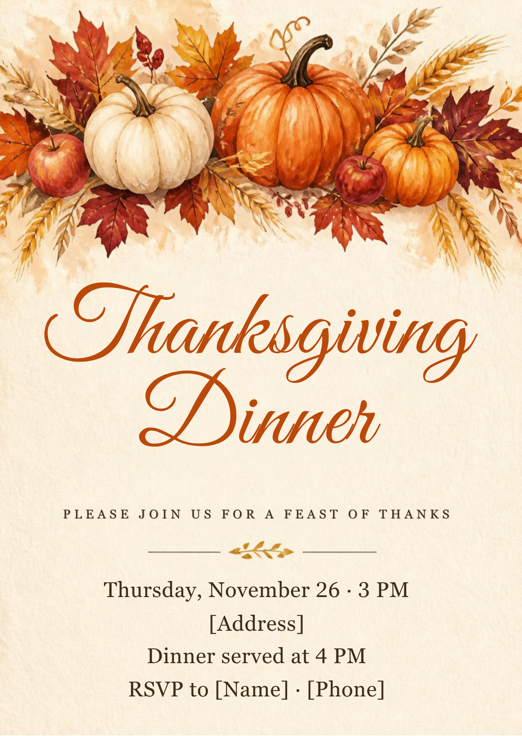 Thanksgiving dinner invitation – editable Canva template with watercolor pumpkins, apples and autumn leaves, 5x7 – preview 2