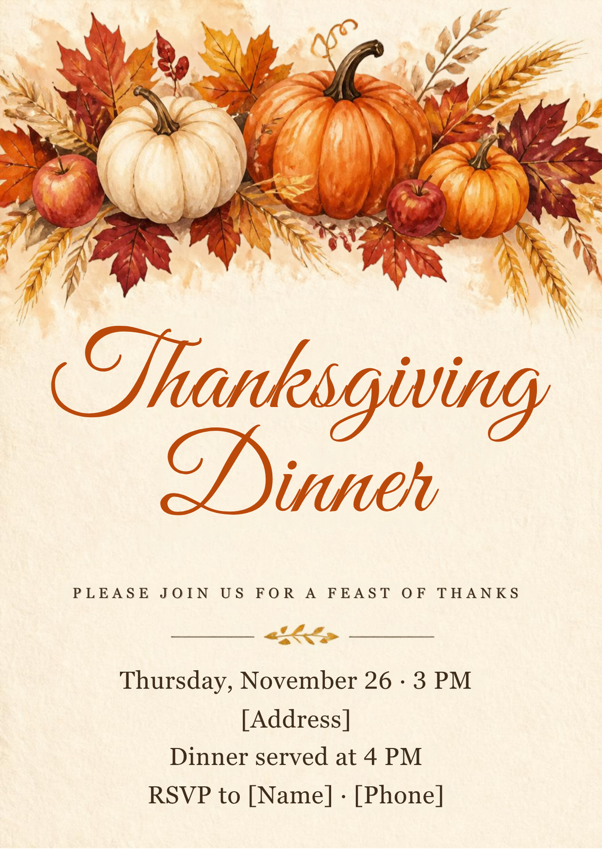 Thanksgiving dinner invitation – editable Canva template with watercolor pumpkins, apples and autumn leaves, 5x7 – preview 2