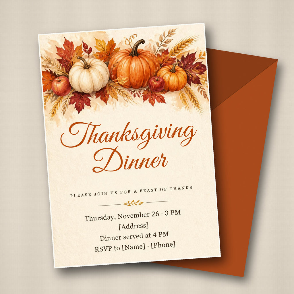 Thanksgiving dinner invitation – editable Canva template with watercolor pumpkins, apples and autumn leaves, 5x7