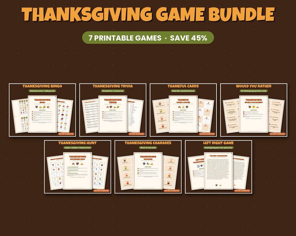 Thanksgiving game bundle – 7 printable games and activities: bingo, trivia, charades and more