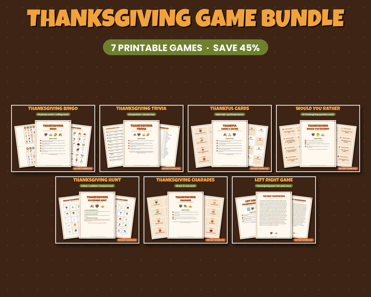 Thanksgiving game bundle – 7 printable games and activities: bingo, trivia, charades and more