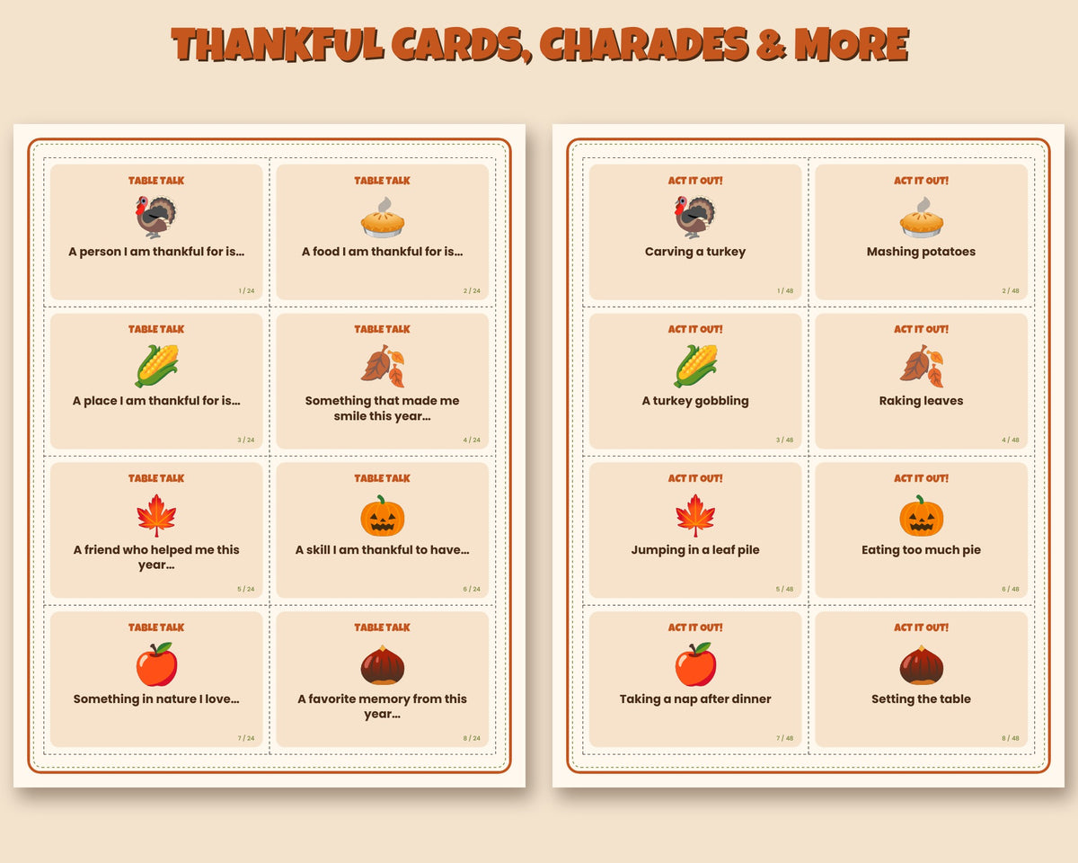 Thanksgiving game bundle – 7 printable games and activities: bingo, trivia, charades and more – preview 2