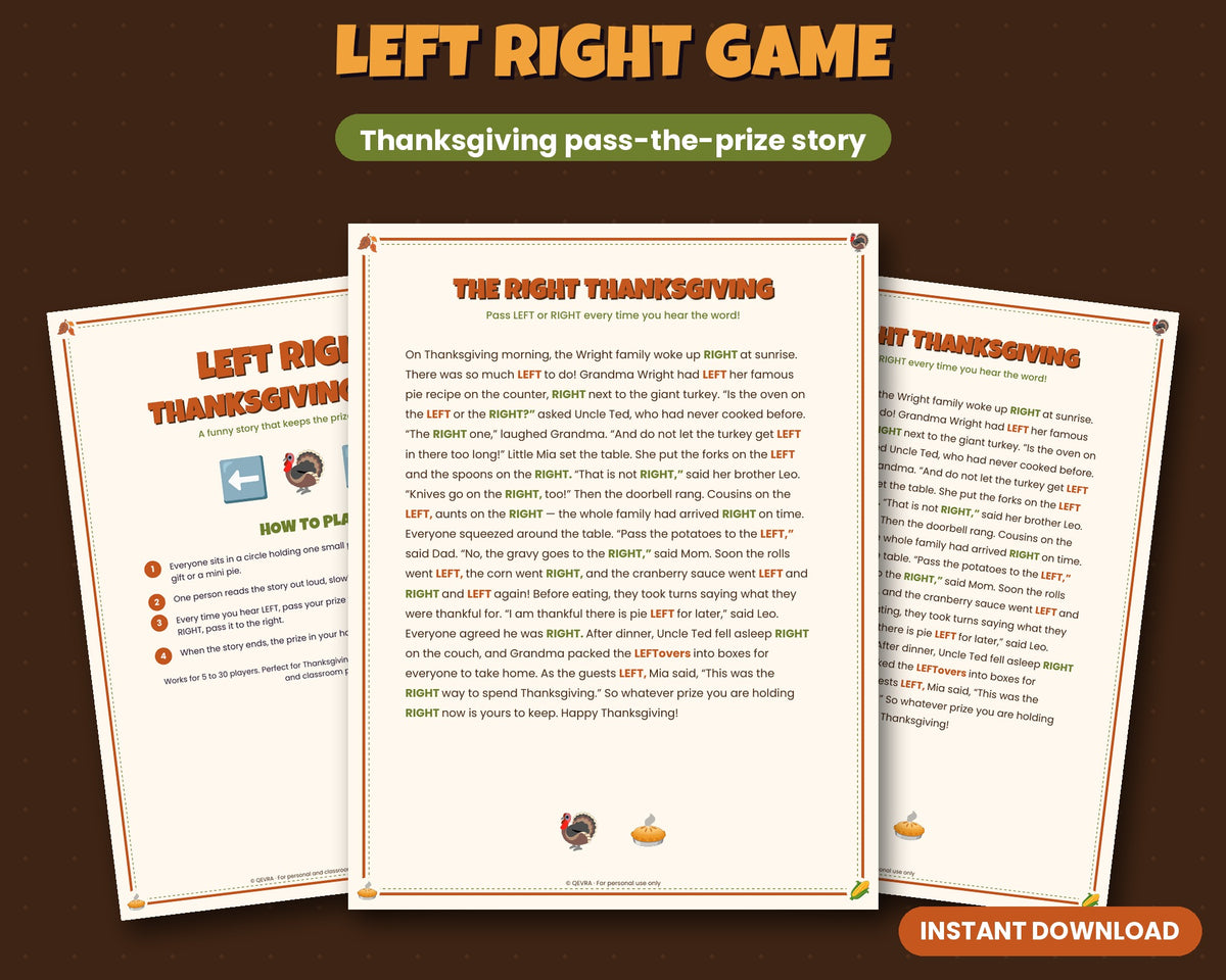 Thanksgiving Left Right game printable – pass the prize story for families and parties