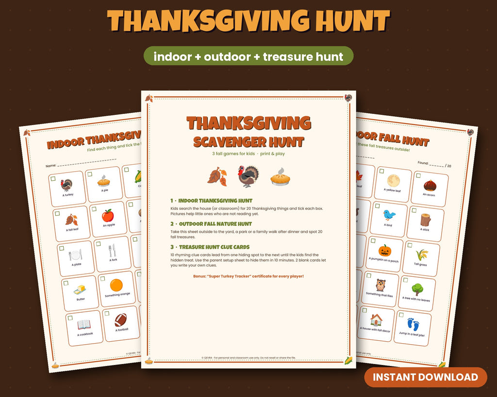 Thanksgiving scavenger hunt for kids printable – indoor, outdoor and treasure hunt clue cards