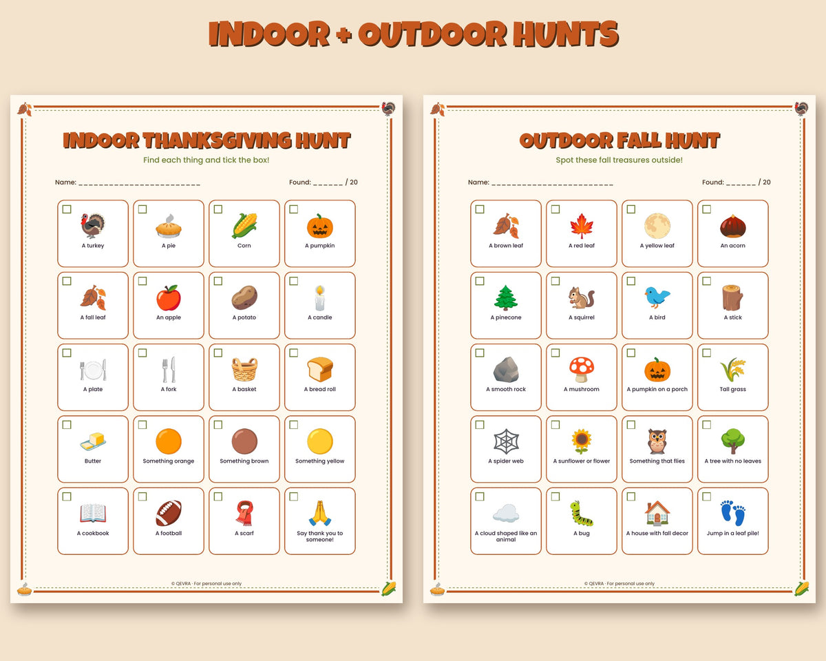Thanksgiving scavenger hunt for kids printable – indoor, outdoor and treasure hunt clue cards – preview 3