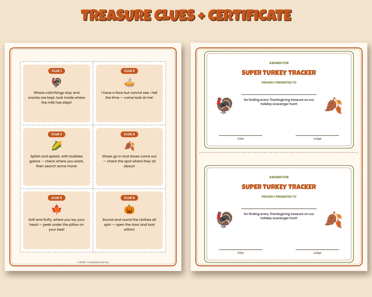 Thanksgiving scavenger hunt for kids printable – indoor, outdoor and treasure hunt clue cards – preview 2