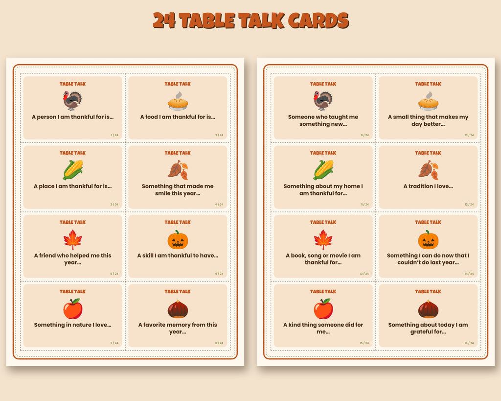 Thanksgiving thankful cards and gratitude tree leaves printable – table talk and place cards – preview 3
