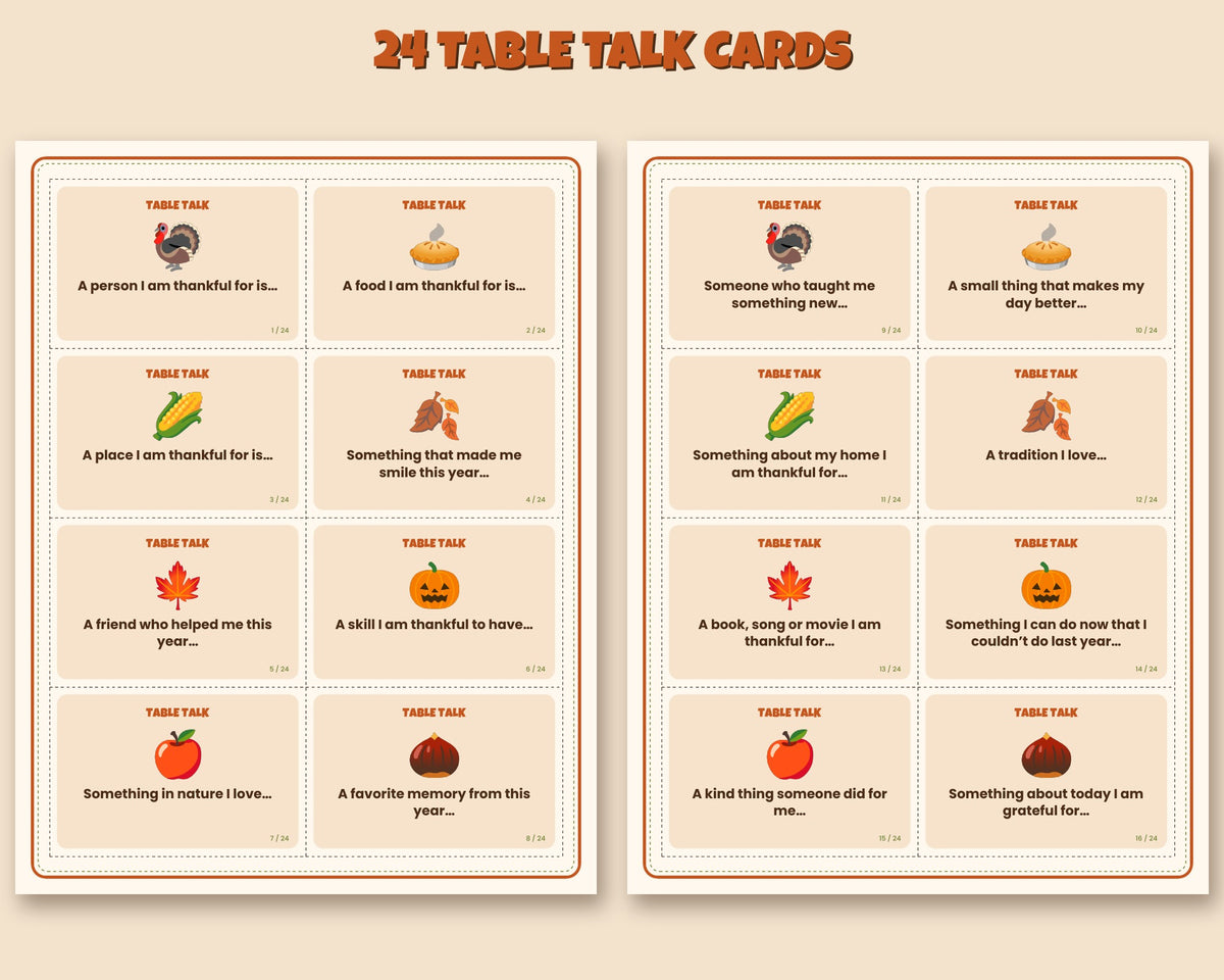 Thanksgiving thankful cards and gratitude tree leaves printable – table talk and place cards – preview 3