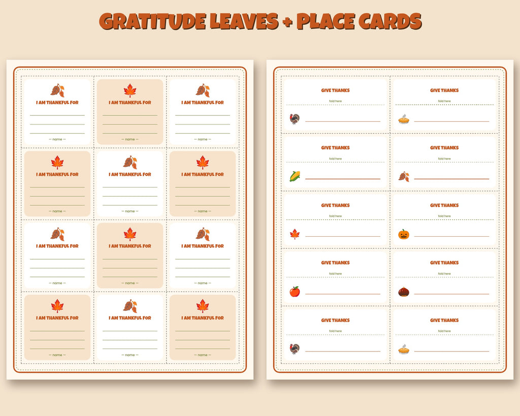 Thanksgiving thankful cards and gratitude tree leaves printable – table talk and place cards – preview 2