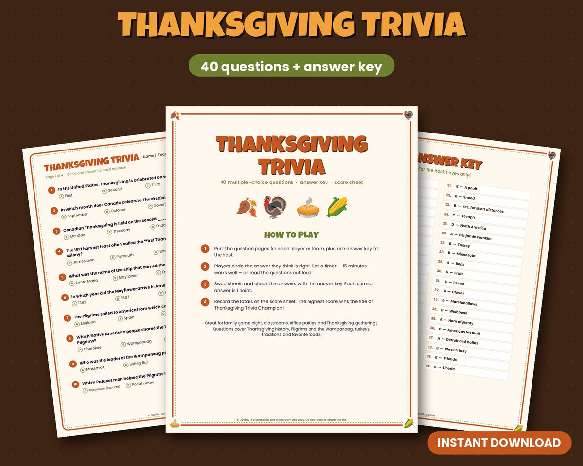 Thanksgiving trivia printable – 40 questions with answer key and score sheet