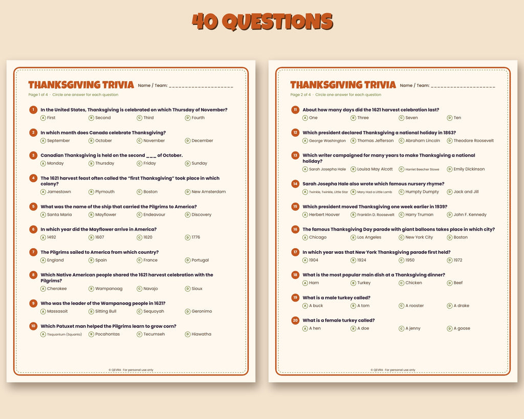 Thanksgiving trivia printable – 40 questions with answer key and score sheet – preview 3