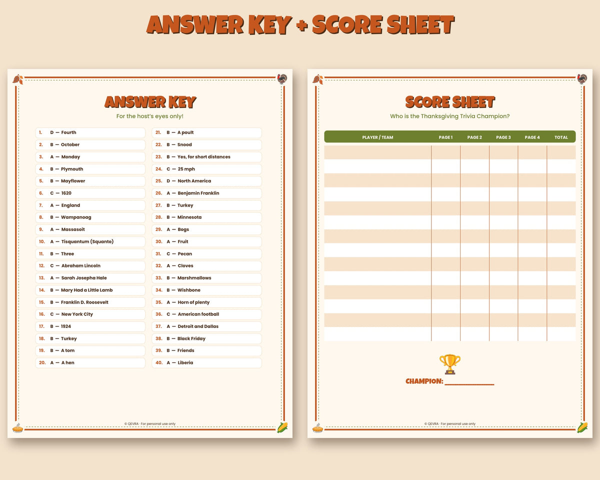 Thanksgiving trivia printable – 40 questions with answer key and score sheet – preview 2