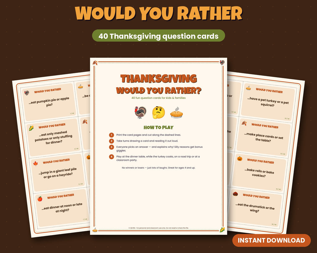 Thanksgiving Would You Rather printable – 40 question cards for kids and families