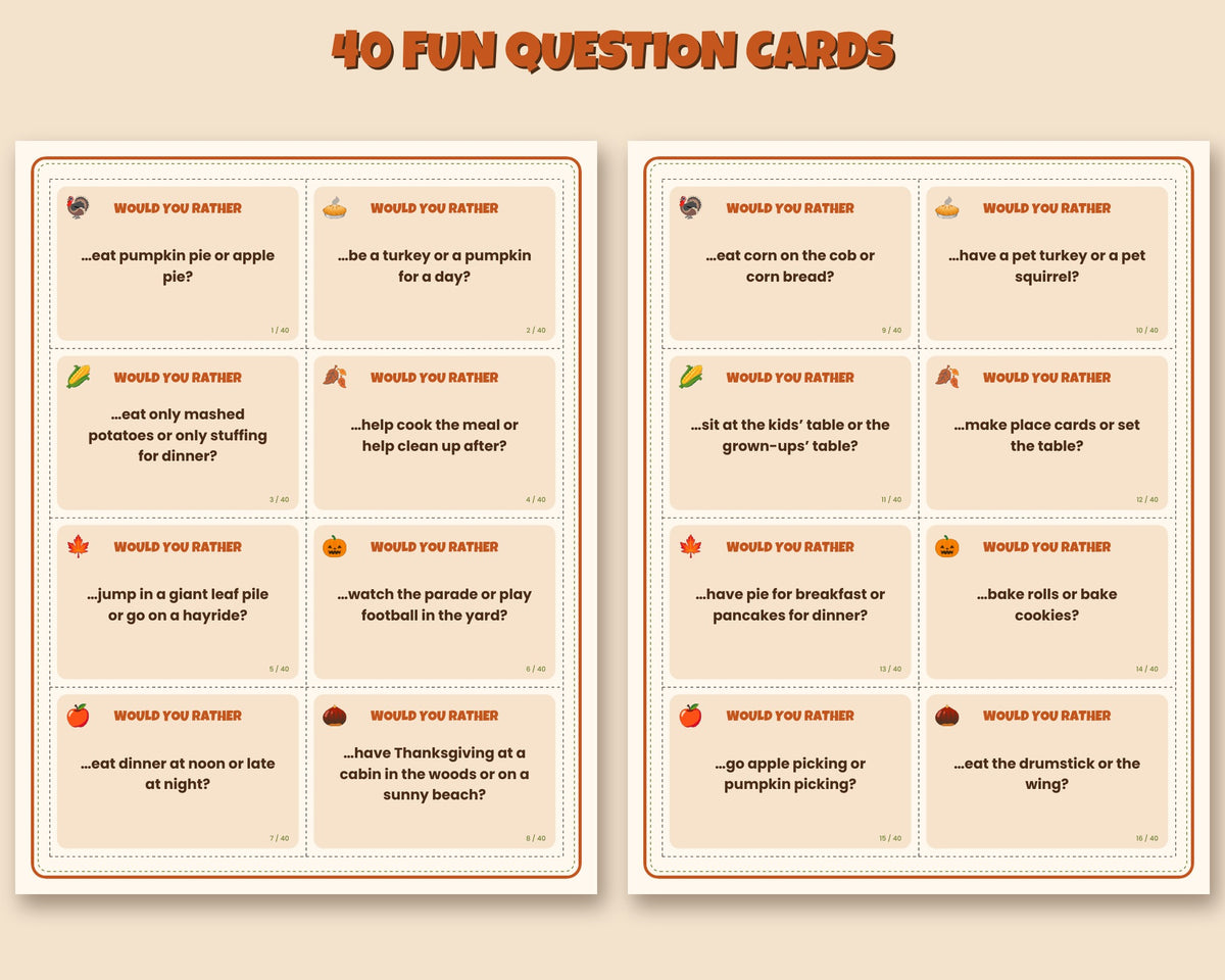 Thanksgiving Would You Rather printable – 40 question cards for kids and families – preview 3