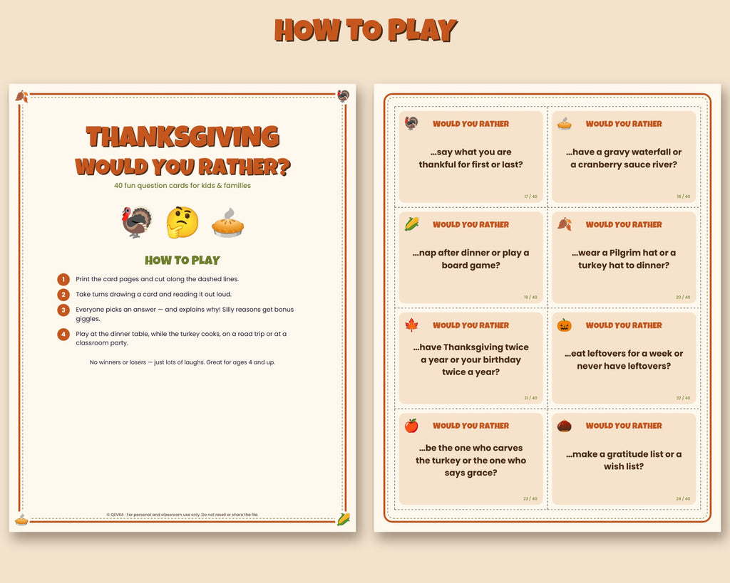 Thanksgiving Would You Rather printable – 40 question cards for kids and families – preview 2