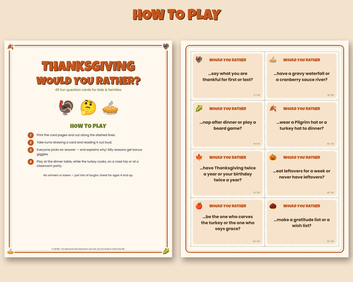 Thanksgiving Would You Rather printable – 40 question cards for kids and families – preview 2