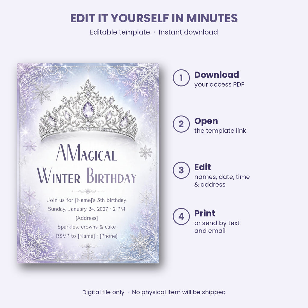 Snowflake Princess Winter Birthday Invitation – Editable Canva Template