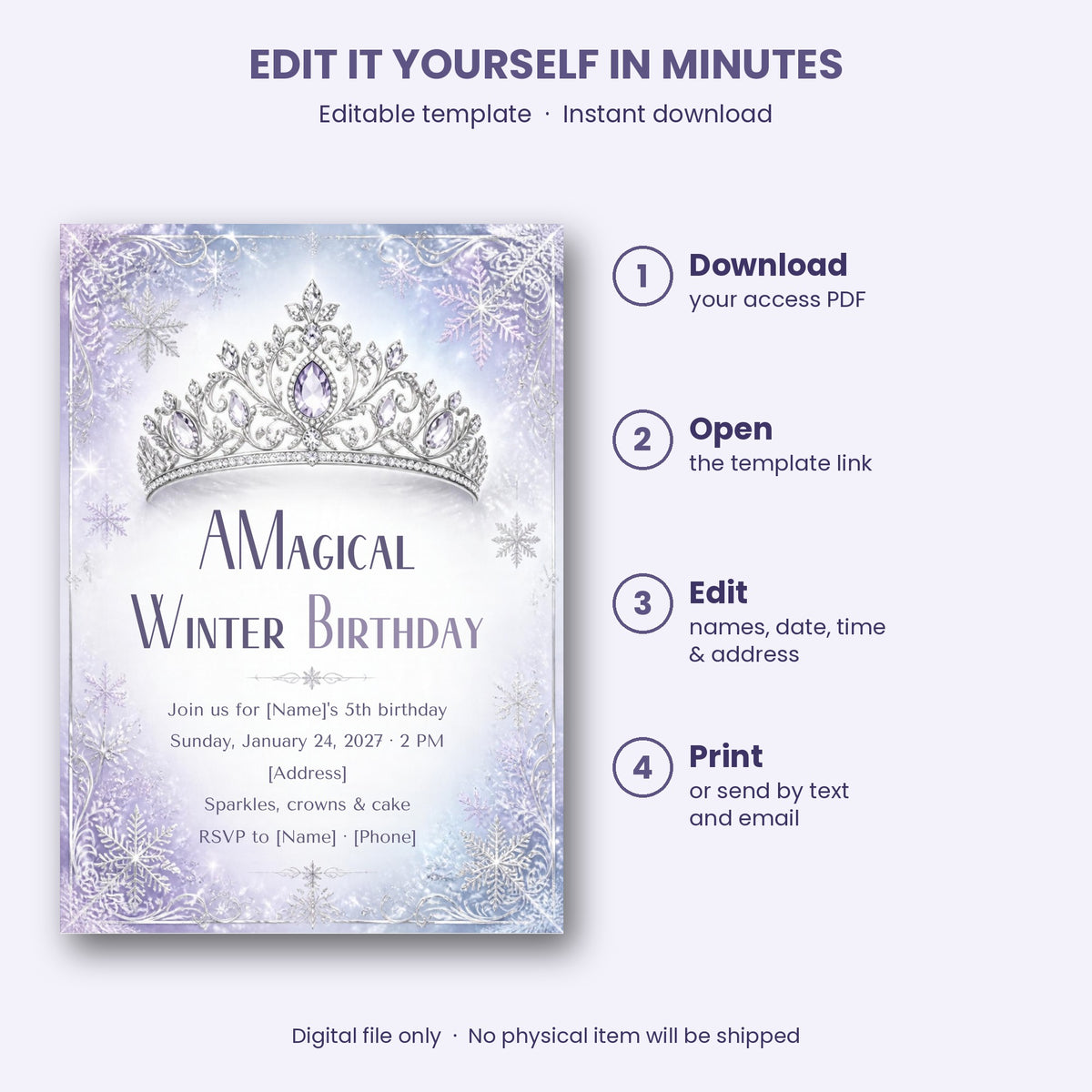 Snowflake Princess Winter Birthday Invitation – Editable Canva Template