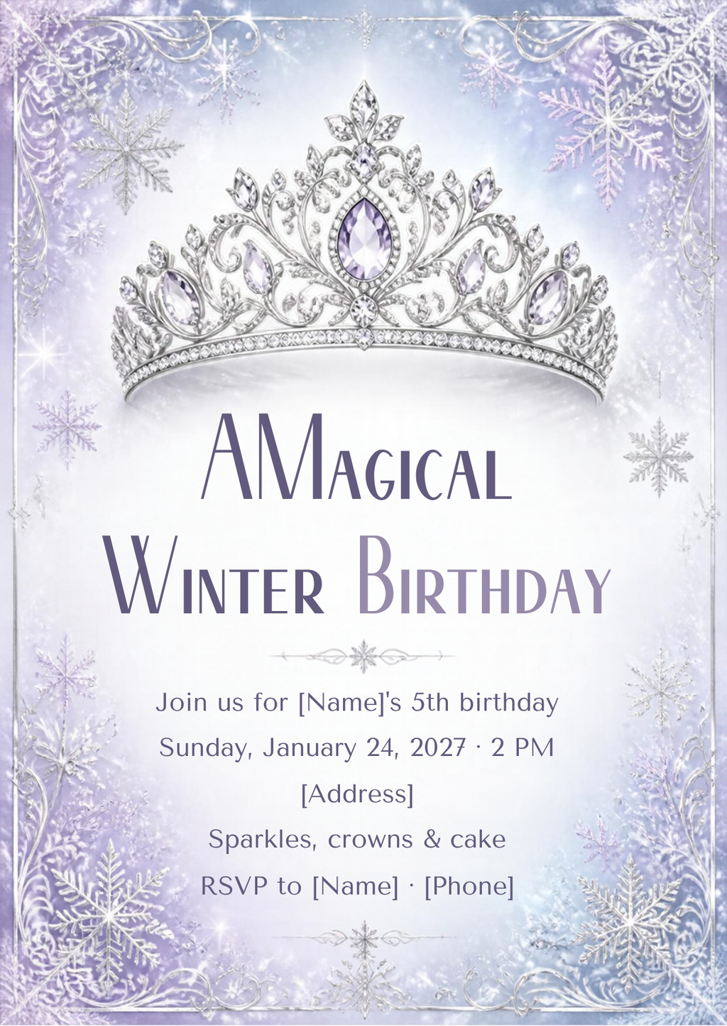 Snowflake Princess Winter Birthday Invitation – Editable Canva Template