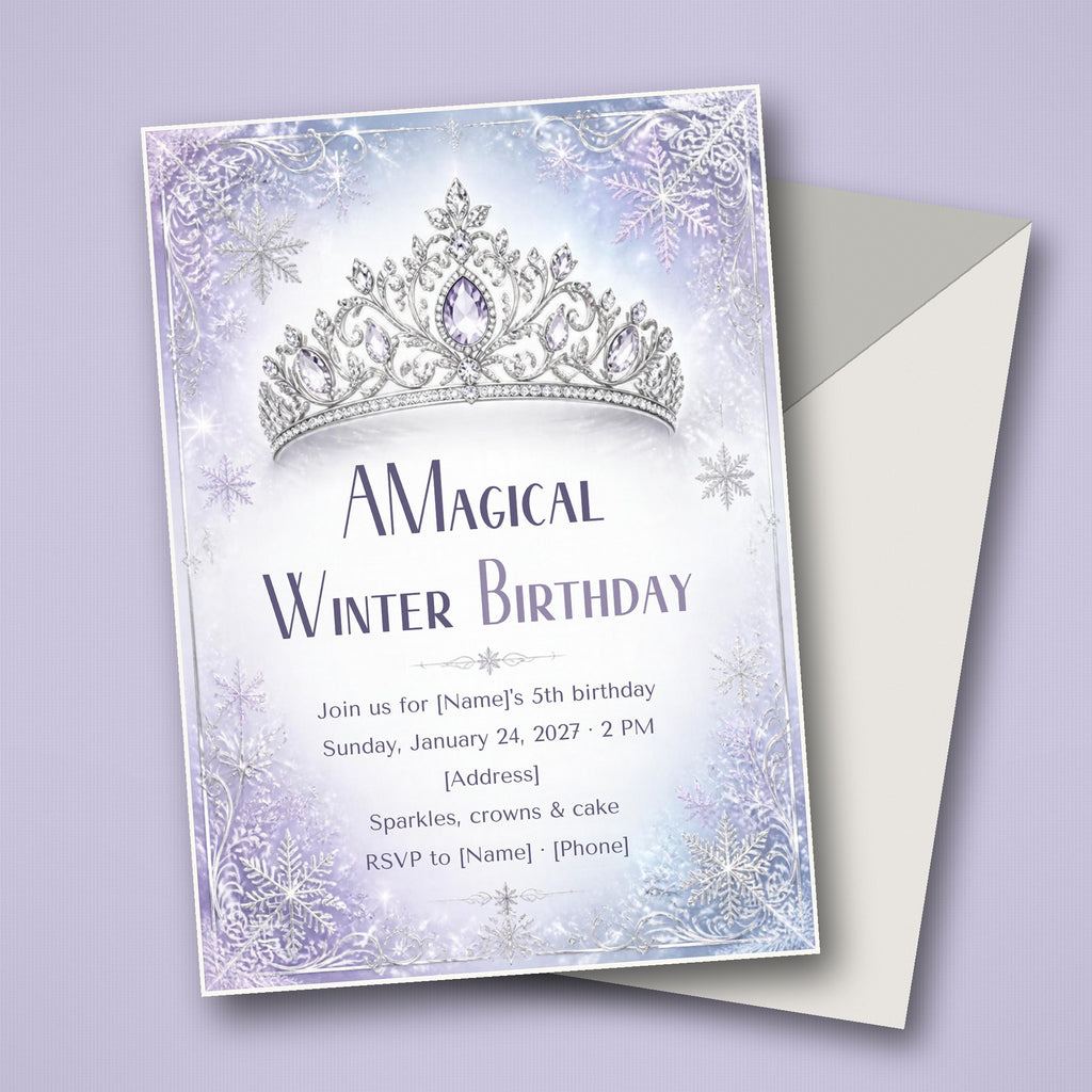 Snowflake Princess Winter Birthday Invitation – Editable Canva Template