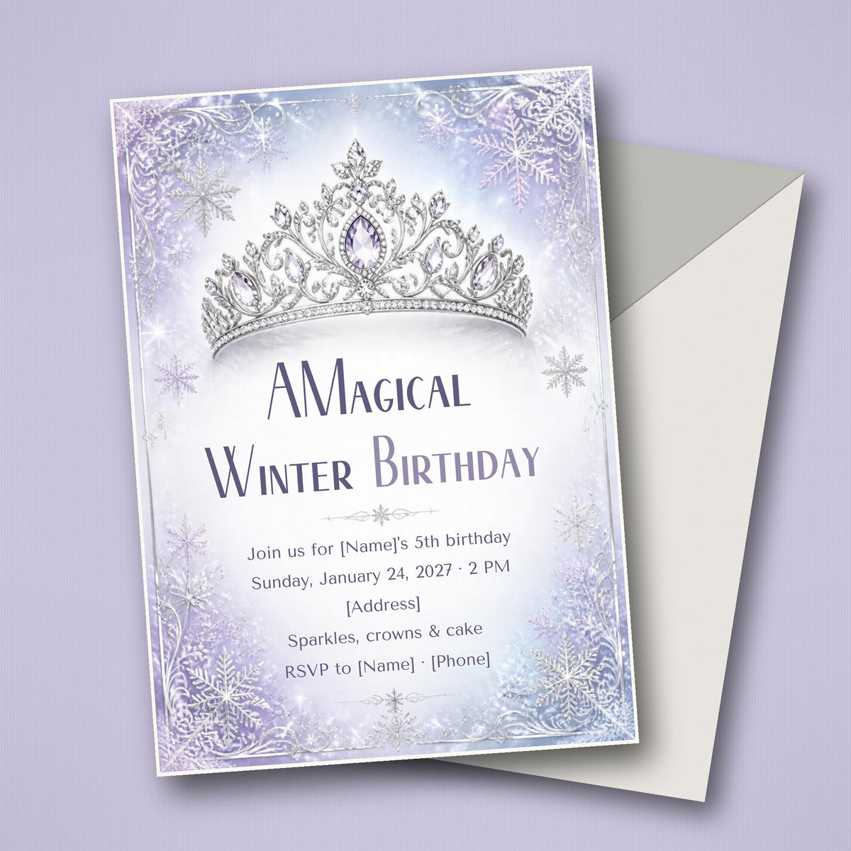 Snowflake Princess Winter Birthday Invitation – Editable Canva Template