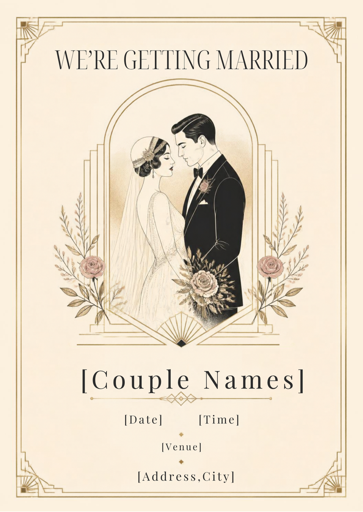 Timeless Vows vintage Art Deco wedding invitation – editable Canva template, 5x7 on phone and print