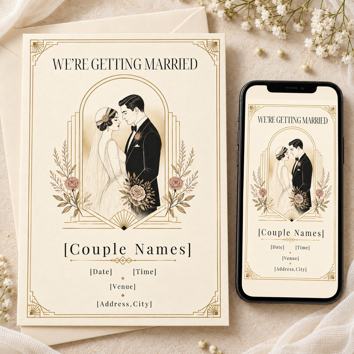 Timeless Vows vintage Art Deco wedding invitation – editable Canva template, 5x7