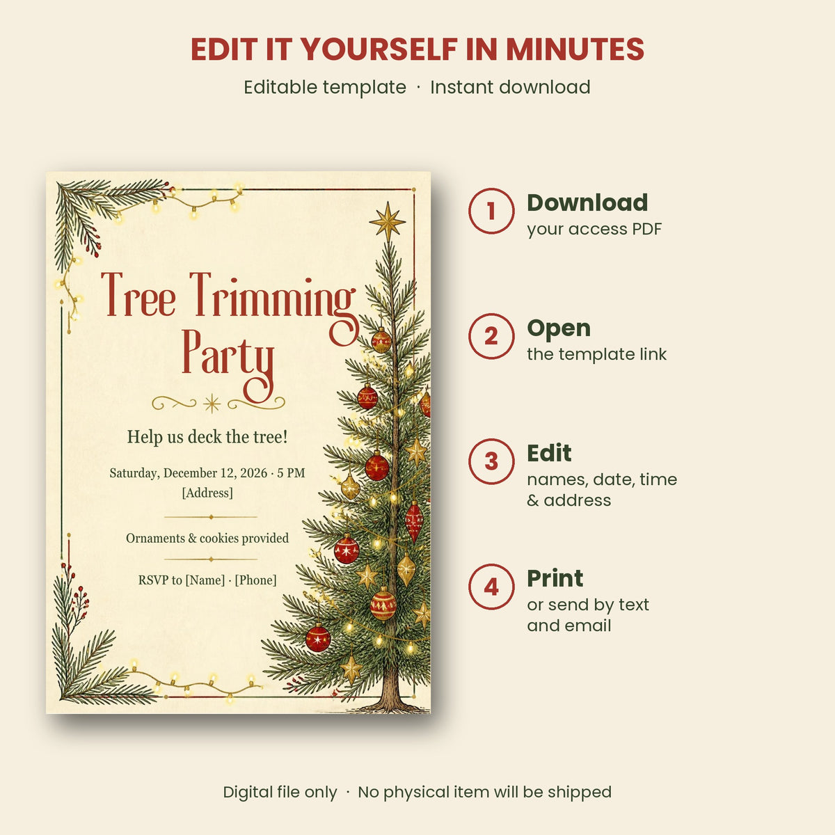 Tree Trimming Christmas Party Invitation – Editable Canva Template