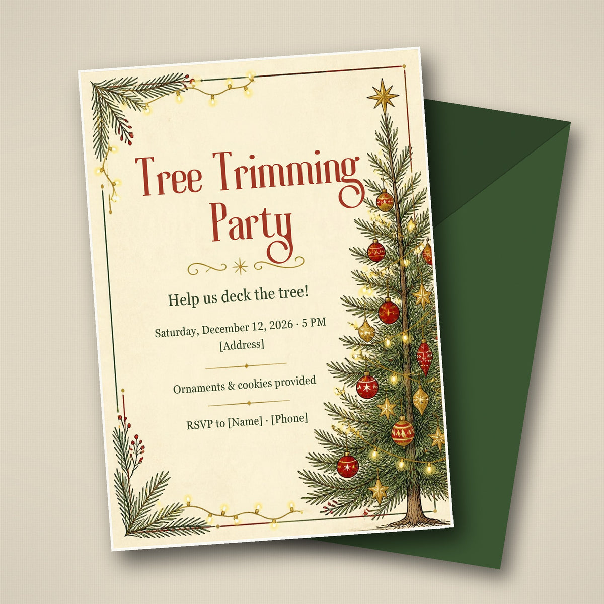 Tree Trimming Christmas Party Invitation – Editable Canva Template