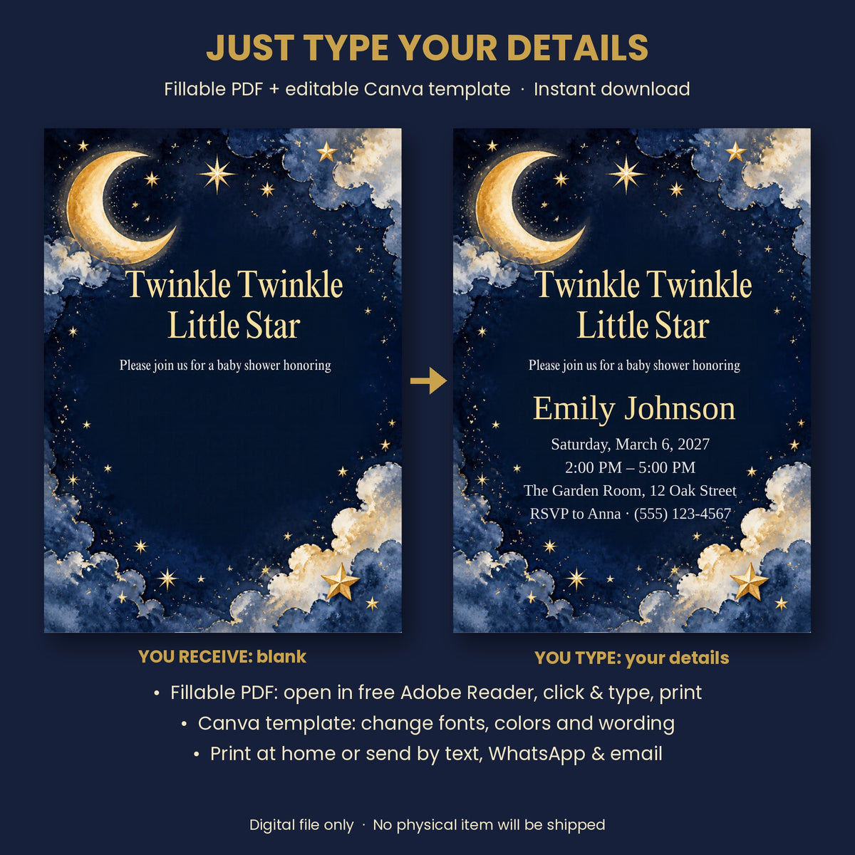 Twinkle Little Star Baby Shower Invitation – Fillable PDF & Editable Canva Template