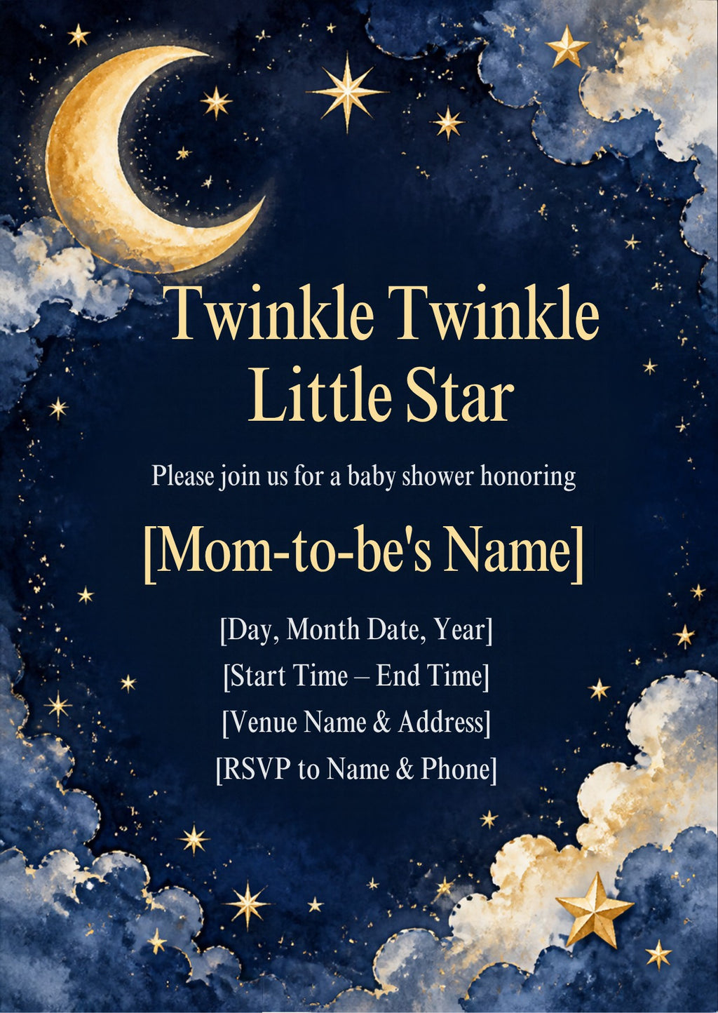 Twinkle Little Star Baby Shower Invitation – Fillable PDF & Editable Canva Template