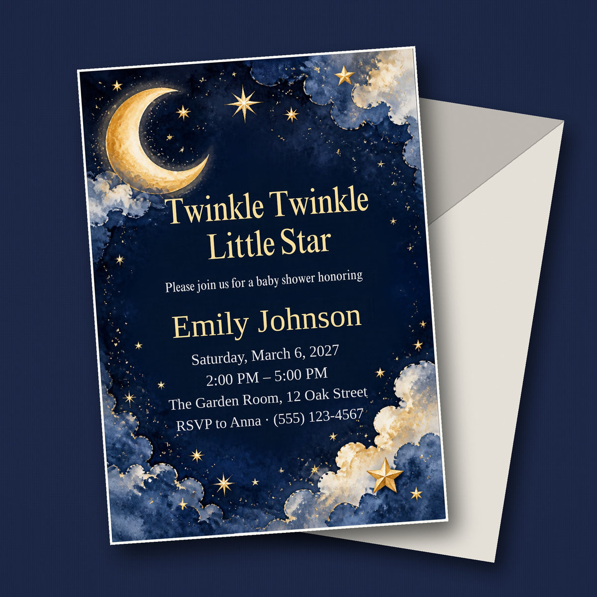 Twinkle Little Star Baby Shower Invitation – Fillable PDF & Editable Canva Template