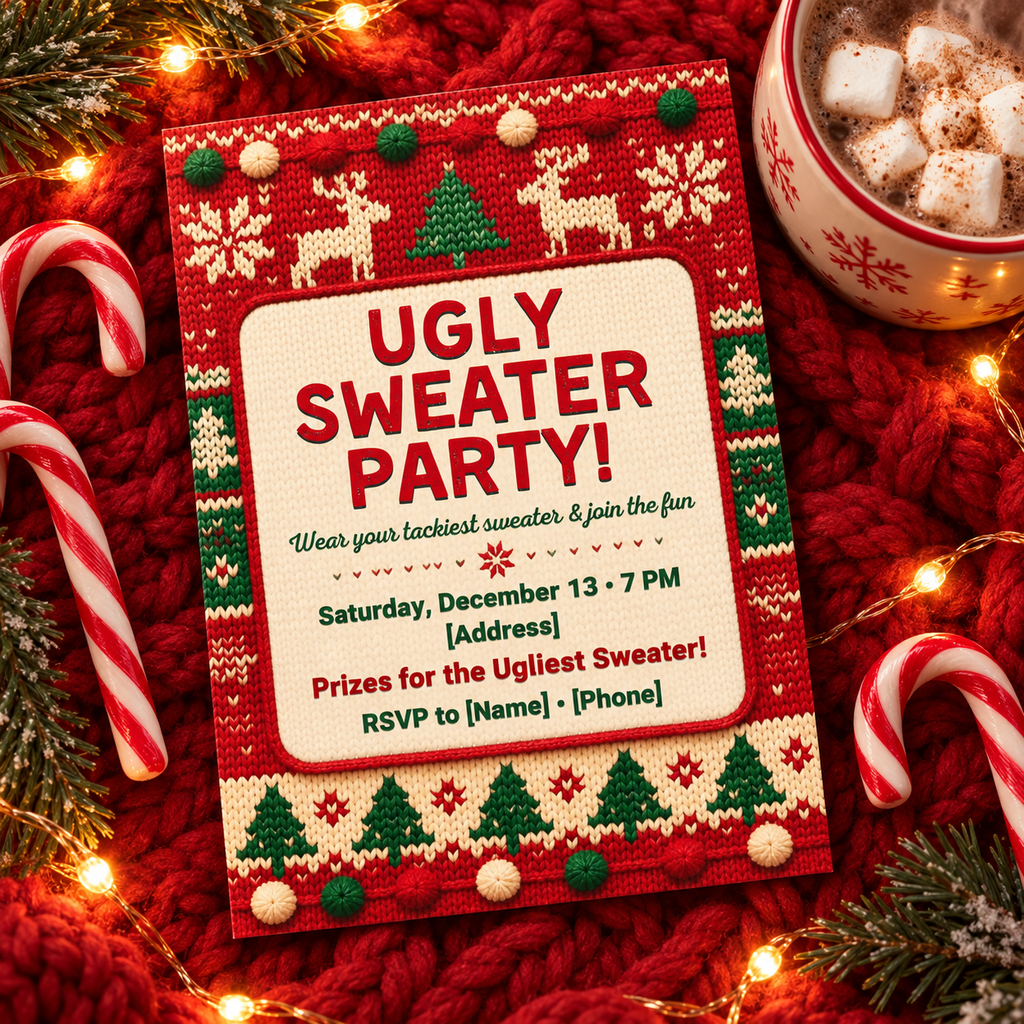 Ugly Sweater Party Invitation – Editable Canva Template