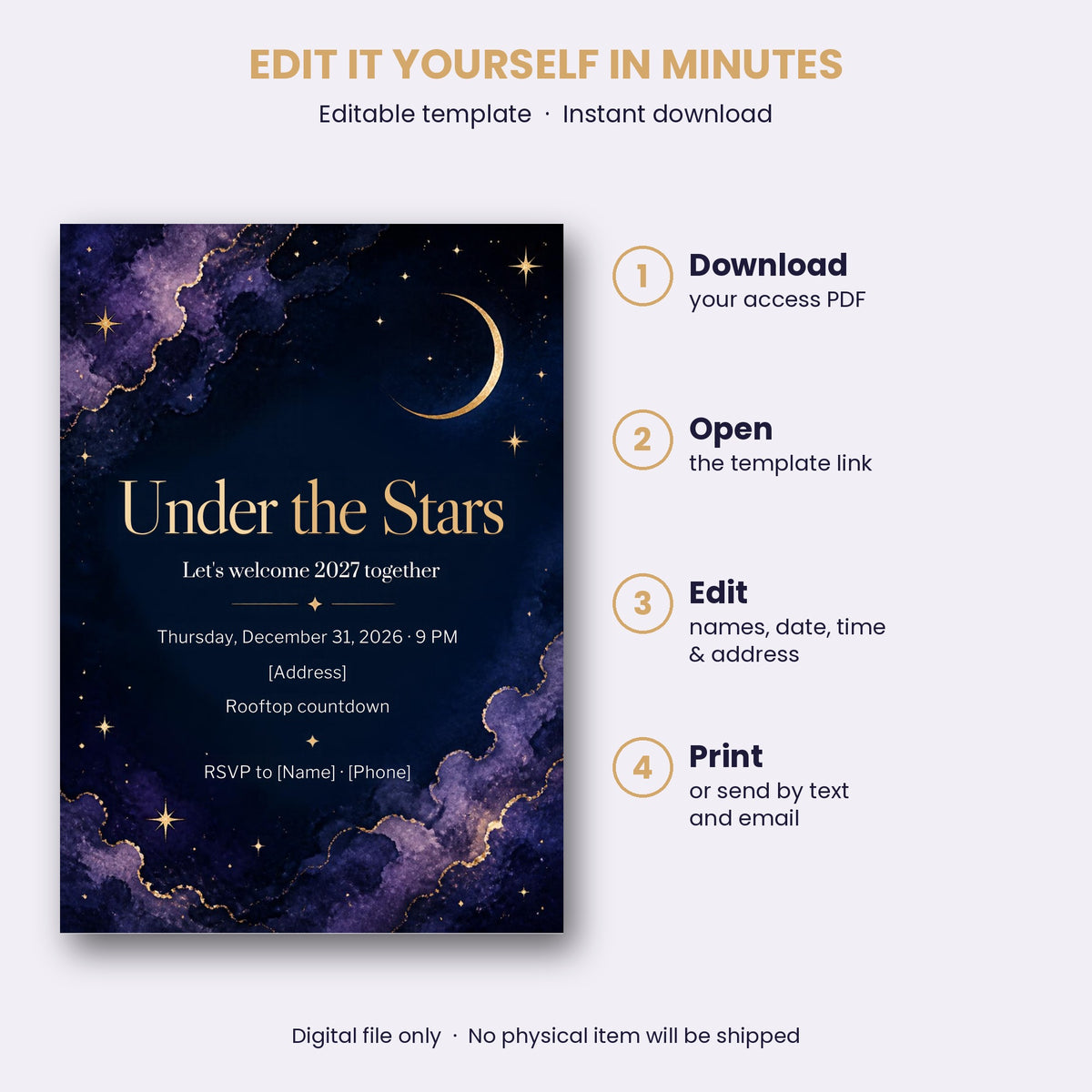 Under the Stars Celestial New Year's Eve Invitation – Editable Canva Template