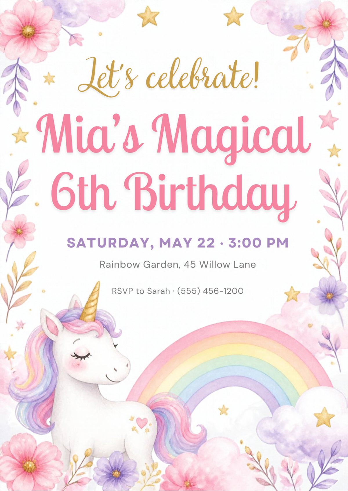 Editable Canva unicorn rainbow birthday invitation template for girls, 5x7