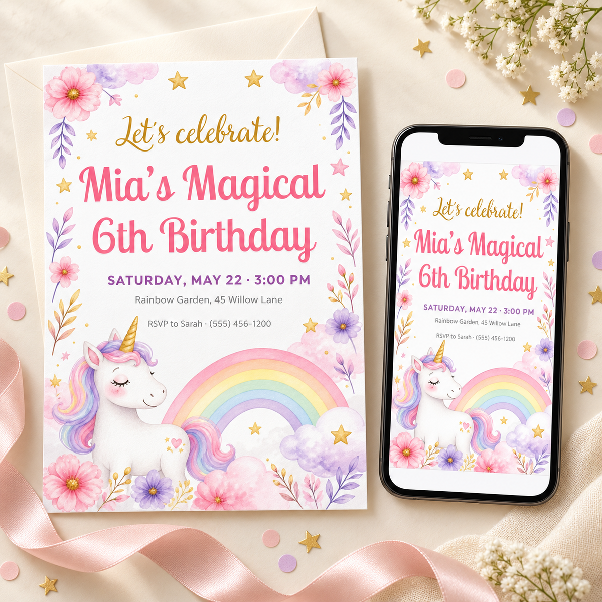 Pastel unicorn birthday party invitation with rainbow and flowers, shown as printed card and on phone
