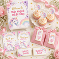 Unicorn birthday party kit mockup – welcome sign, thank-you cards, cupcake toppers, food labels and favor tags