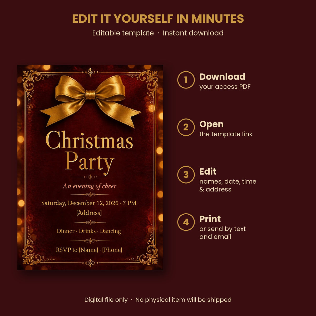 Velvet Red & Gold Christmas Party Invitation – Editable Canva Template