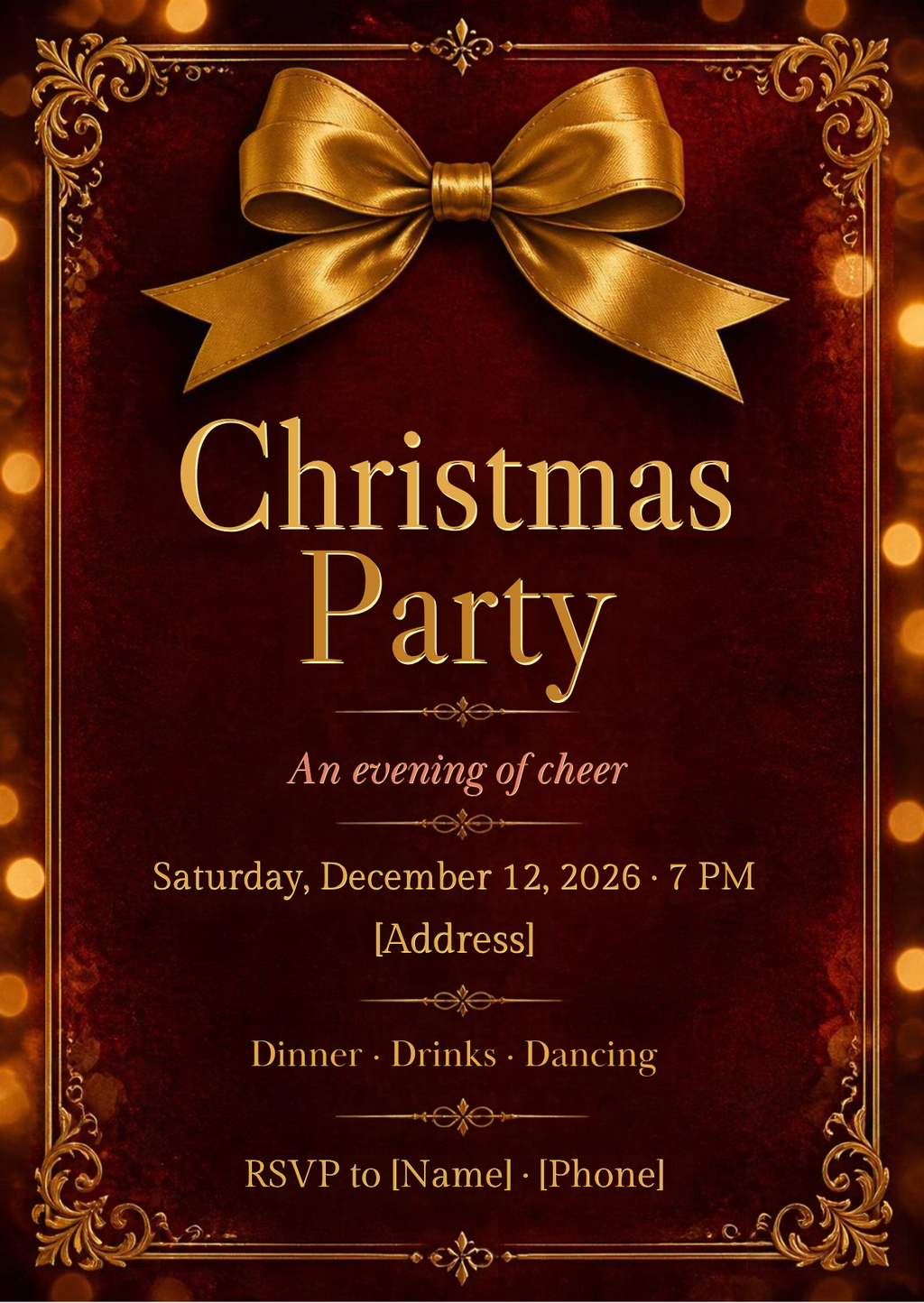 Velvet Red & Gold Christmas Party Invitation – Editable Canva Template