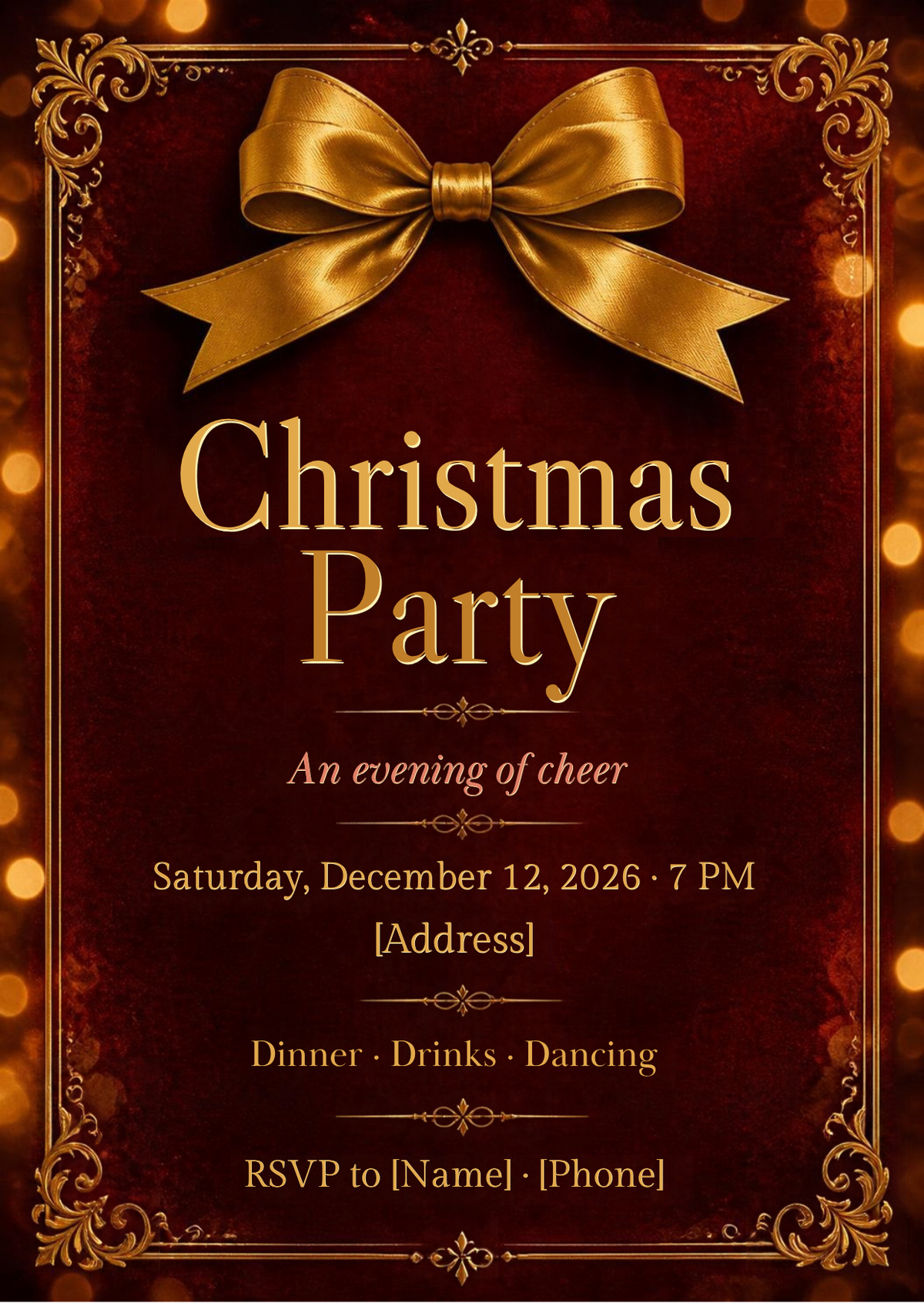 Velvet Red & Gold Christmas Party Invitation – Editable Canva Template