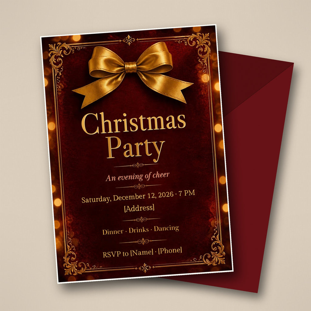 Velvet Red & Gold Christmas Party Invitation – Editable Canva Template