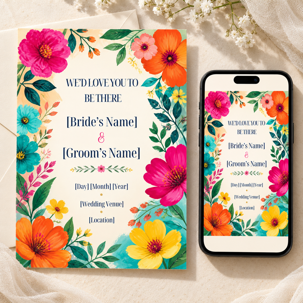 Vivid Bloom colorful floral wedding invitation – editable Canva template, 5x7