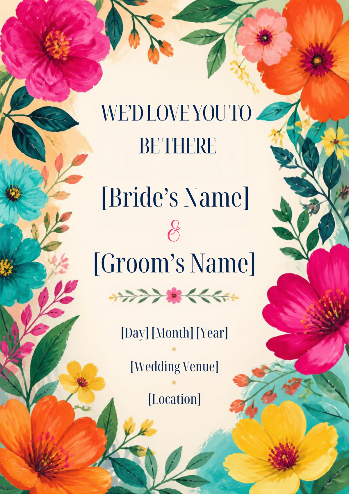 Vivid Bloom colorful floral wedding invitation – editable Canva template, 5x7 on phone and print