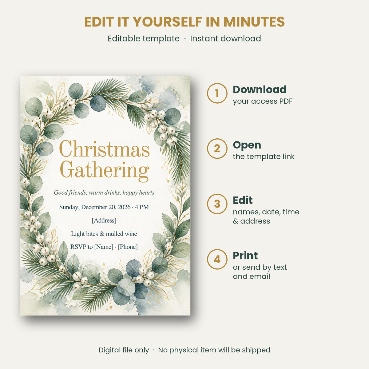 Watercolor Wreath Christmas Gathering Invitation – Editable Canva Template