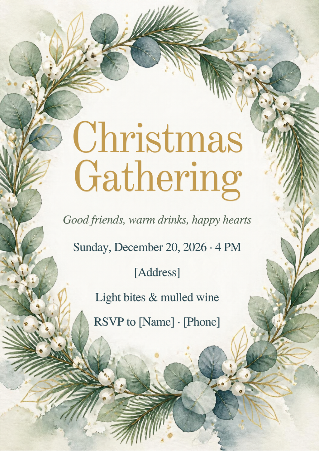 Watercolor Wreath Christmas Gathering Invitation – Editable Canva Template