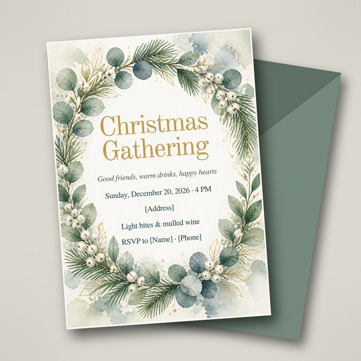 Watercolor Wreath Christmas Gathering Invitation – Editable Canva Template